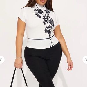 Fashion Nova White and Black Floral Blouse